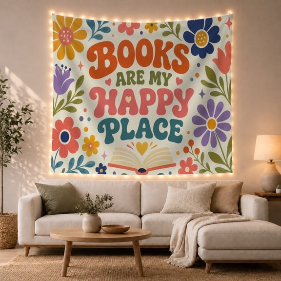 "Books Are My Happy Place" Floral Print in Vibrant Colors, Whimsical Retro for Book Lovers, Literary Wall Art Decor, Housewarming Gift, Tapestry Wall Hanging for Home Library and Bedroom