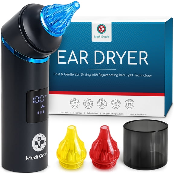 Medi Grade Ear Dryer - Portable Ear Drying Device with Soothing Red Light, Adjustable Temperature and Airflow, Rechargeable, Reusable Ear Tips - Use for Ear Dryer for Swimmers or After Shower