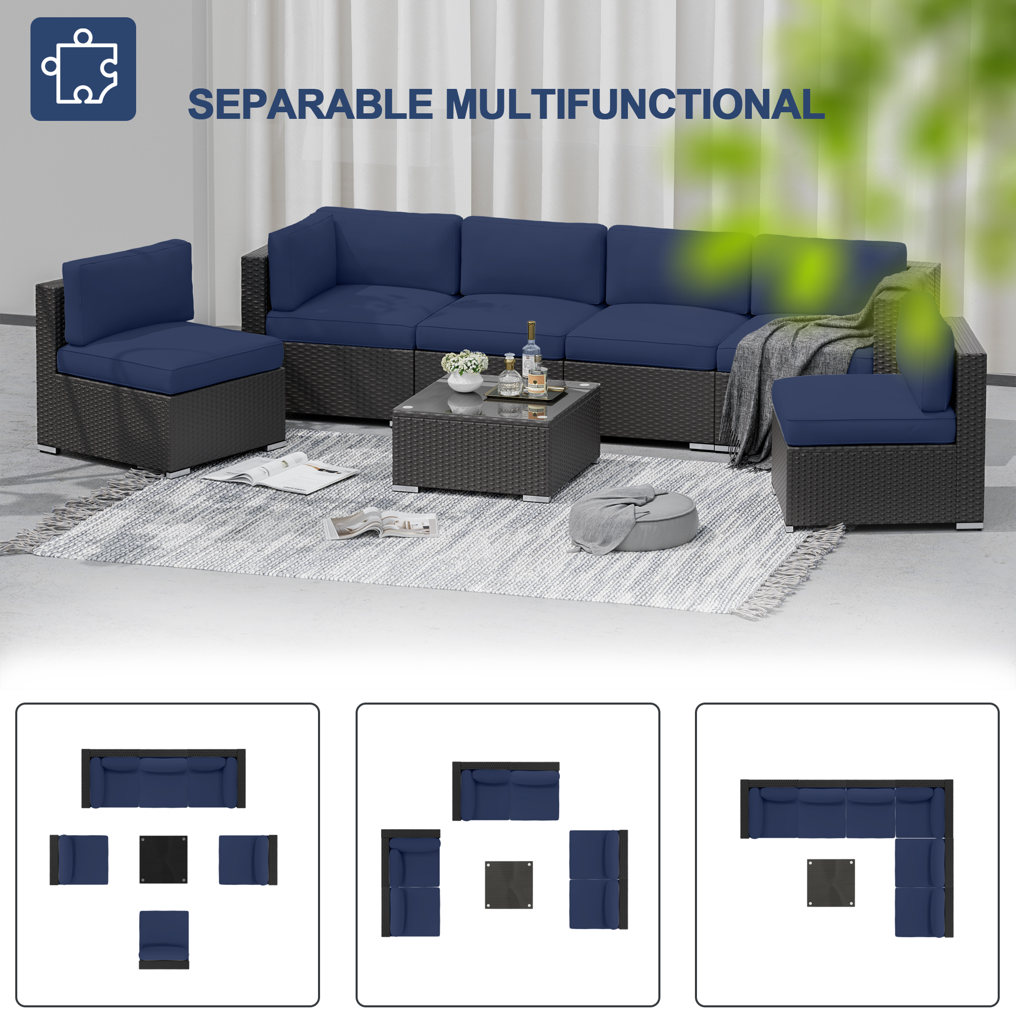 SUNCROWN 7-Piece Outdoor Patio Furniture Sofa Set All-Weather Black Wicker Sectional Conversation Set with Modern Glass Coffee Table and Cushions, Backyard, Garden, Deck, Dark Blue