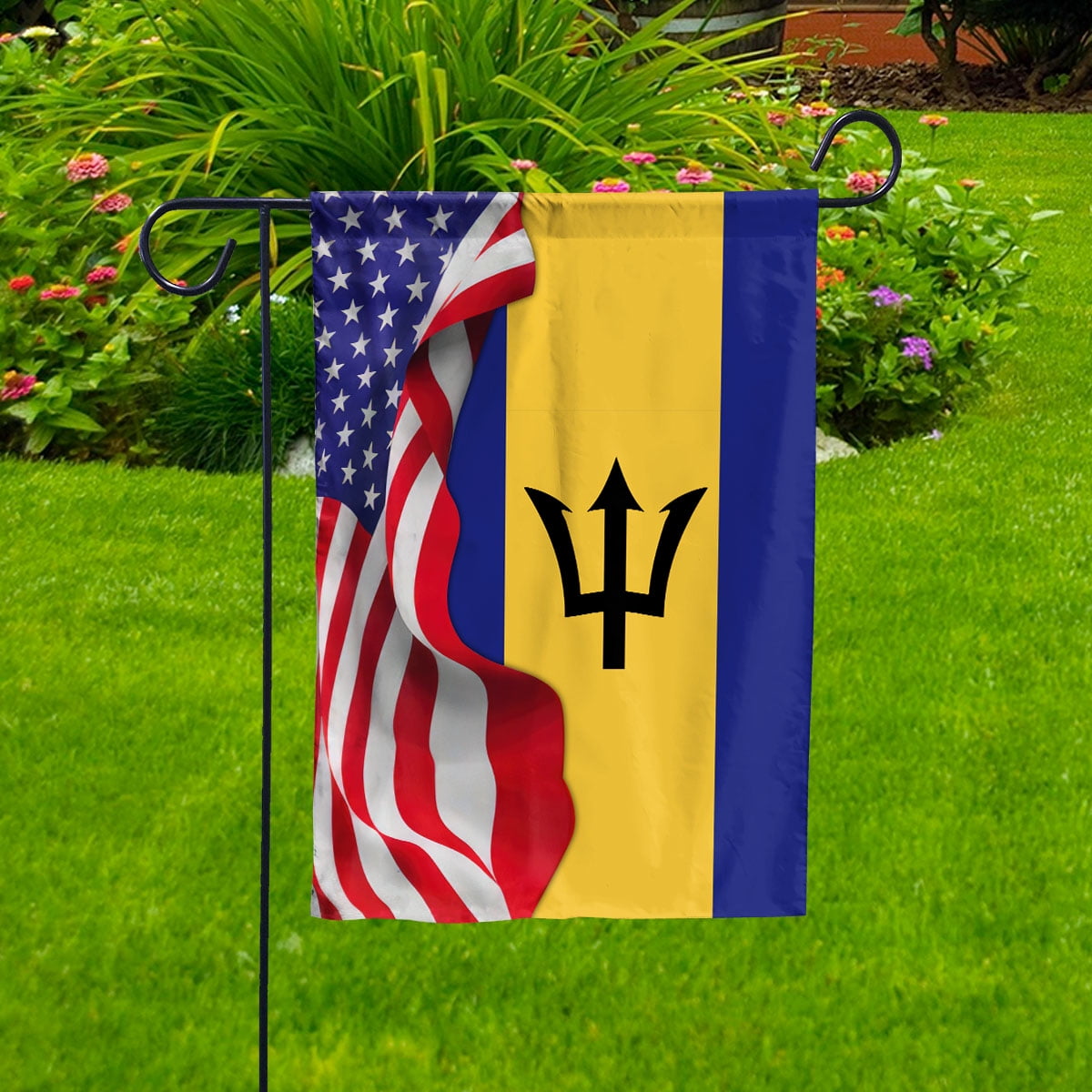 American Flag Waving Show Barbados Flag Barbadian American Friendship Proud Root House Flag, Double-Sided Decorative Outdoor Flag, Patriotic Polyester Yard Flag 29.5 x 39.5 in