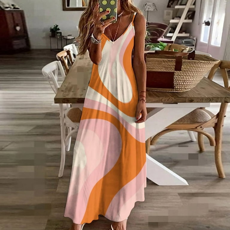 Abstract Orange Pink Swirl Pattern Sleeveless Dress Loose Women's Dress  Dresses Luxury Evening Dresses