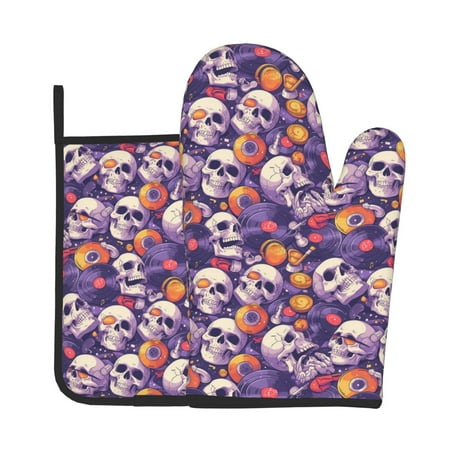 

Gaeub music Skull record Print Oven Mitts and Pot Holders Sets of 2 Heat Resistant Pad Cooking Gloves for Baking BBQ Home Decor