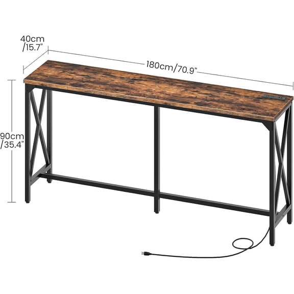 70.9'' Bar Table with Power Outlet and Footrest, Industrial Style Kitchen Dining Table for Pub Living Room, Rustic Brown and Black