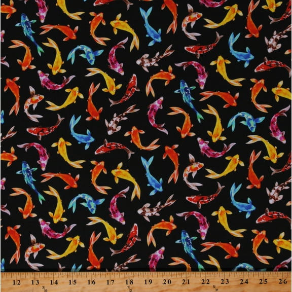 Cotton Colorful Koi Fish Pond Animals Black Cotton Fabric Print by the Yard (DCX10596-BLAC-D)