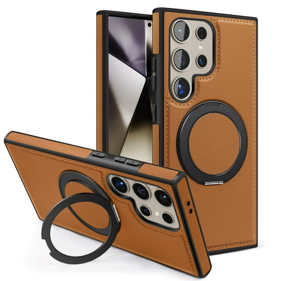 MagSafe Compatible for Samsung Galaxy S24 Ultra Case, Slim Shockproof Protective 360°Rotating Magnetic Kickstand Ring Holder Bracket Classic PU Leather Phone Cover for Galaxy S24 Ultra, Brown