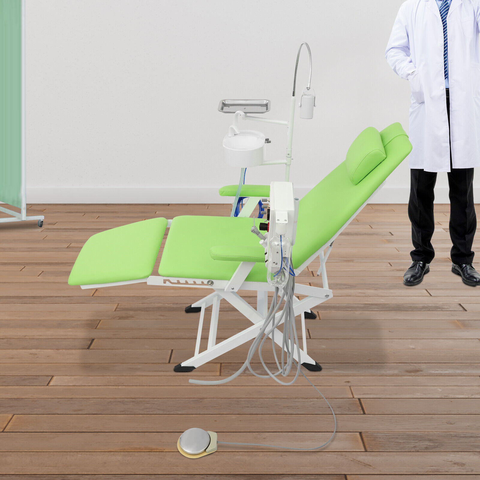 Portable Dental Chair with Tray+Spittoon+Hanging Turbine+LED Light Foldable 66.93*24.41in