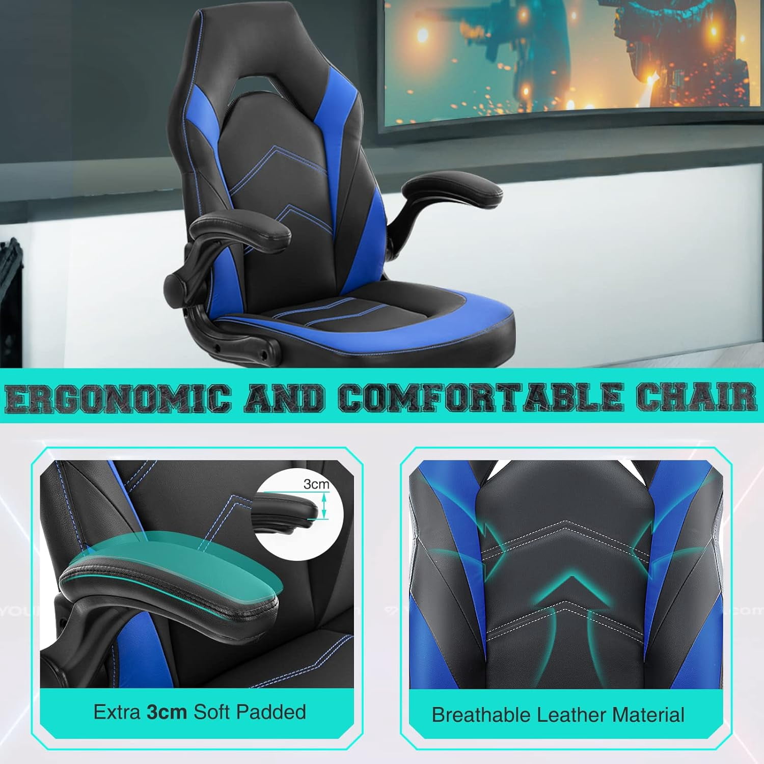 CONCETTA Ergonomic Gaming Desk Chair, PU Leather Adjustable Office Chair for Home or Study, Blue
