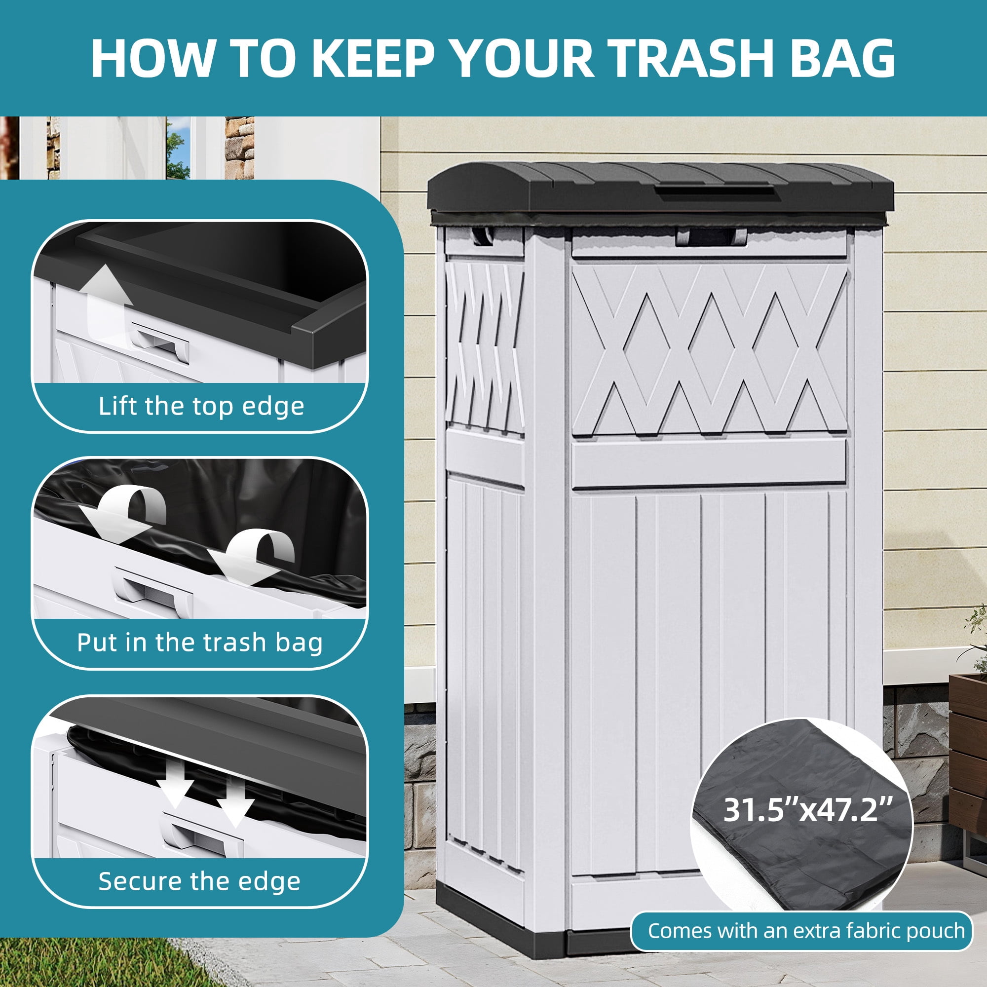 Uforic 32 Gallon Outdoor Trash Can, Waterproof Resin Garbage Bin with Lid & Drip Tray for Porch Backyard Patio, White & Black