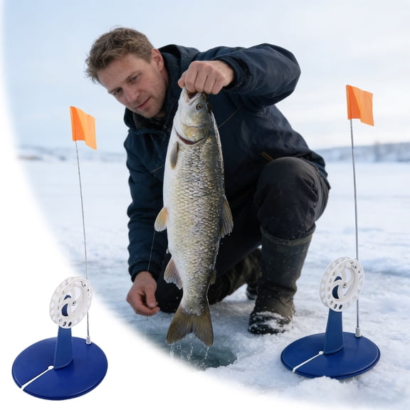 Ice Fishing Tip Up Device with High Visibility Orange Pole Indicator for Winter Ice Fishing Tackle and Gear