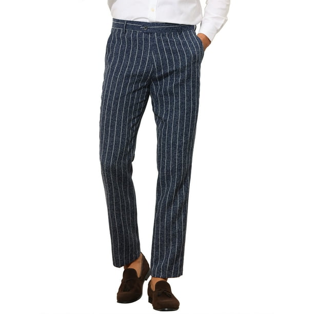 Lars Amadeus Striped Pants for Men's Flat Front Slim Fit Business Suit  Trousers Navy Blue 30 