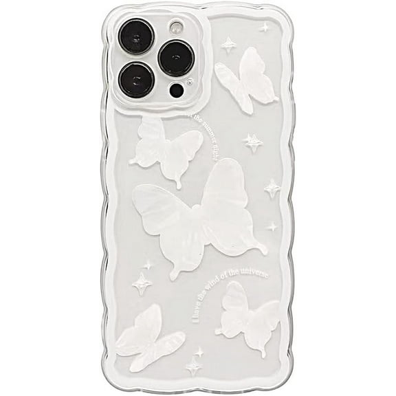 Compatible with iPhone Case,Cute Butterfly Curly Wave Frame Camera Lens Protection Clear Soft Shockproof Cover Phone Case for Women Girls (White,iPhone 13 Pro Max)