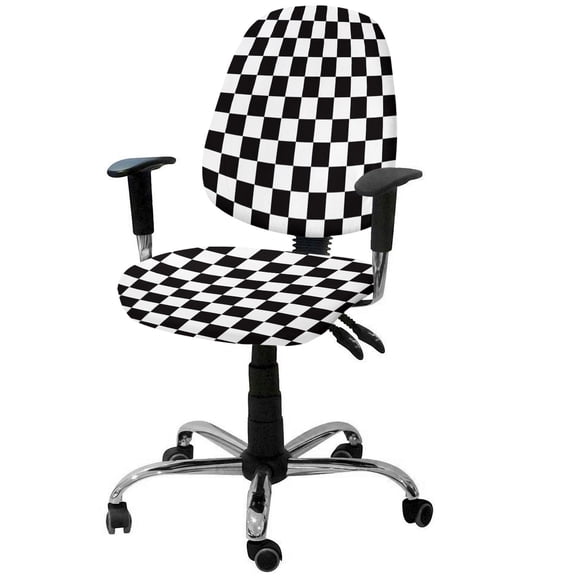 Simple Black White Checkered 2 Pieces Computer Office Chair Covers Set,Stretchable Desk Rotating Chair Seat Cushion Slipcover Back Covers,Lattice Buffalo Plaid Slipcover Back Covers Protectors Cover