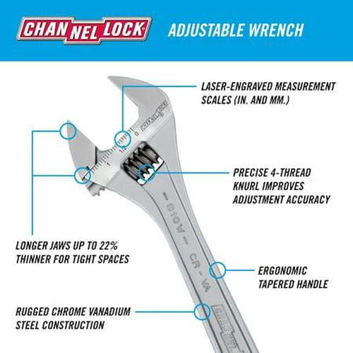 Channellock Adjustable Wrench - Adjustable Jaw - 4 In, Silver
