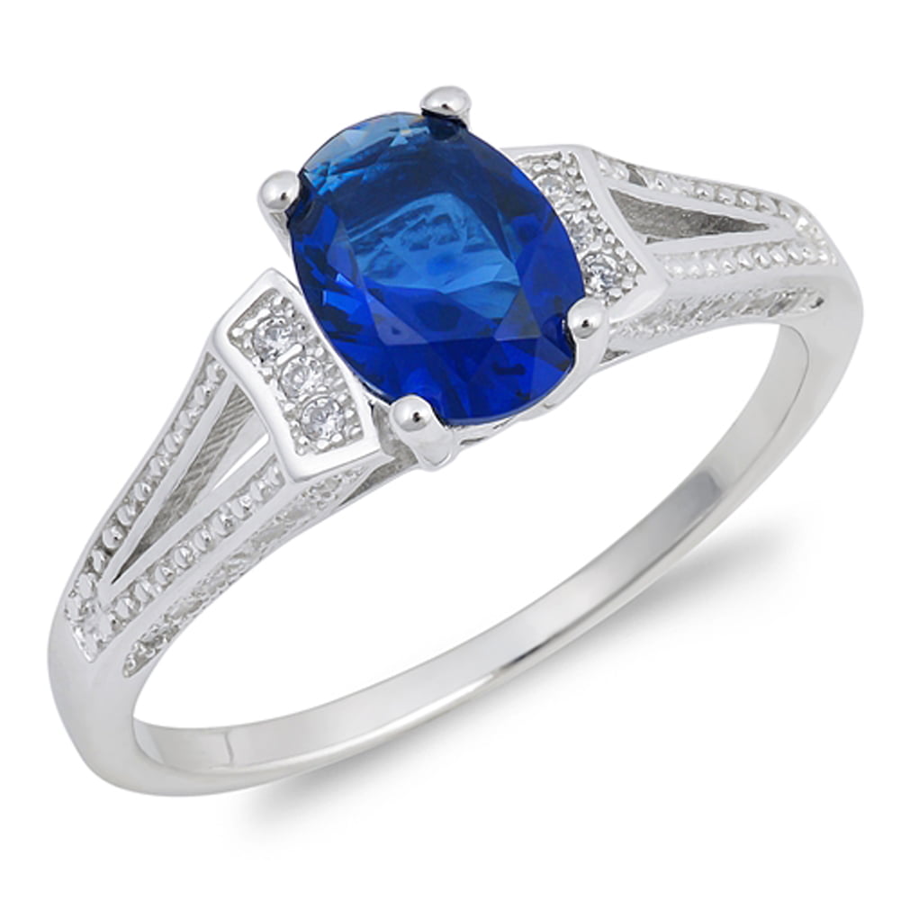 5CT Royal Blue Oval Cubic Zirconia Simulated Sapphire CZ Crown Halo Engagement for Women Thin Band Silver Plated Brass
