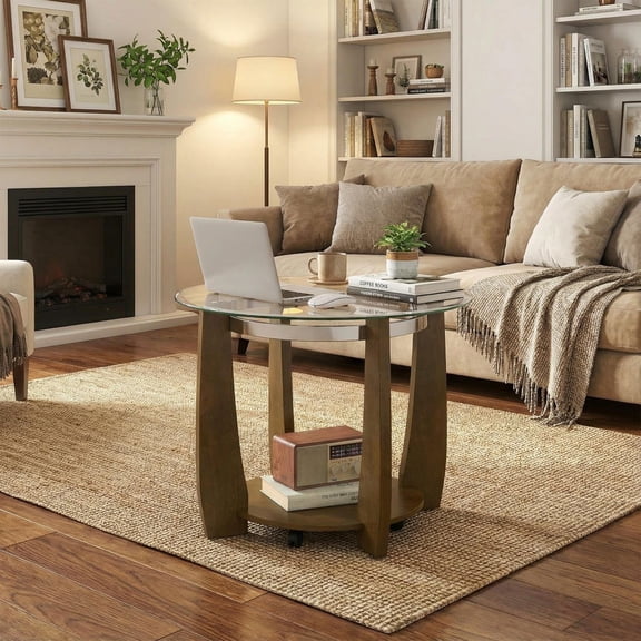Barara King 32" 2-Tier Glass Round Coffee Table with Storage Shelf, Living Room Small Tables for Living Room, Dining Room, Home Office, Walnut