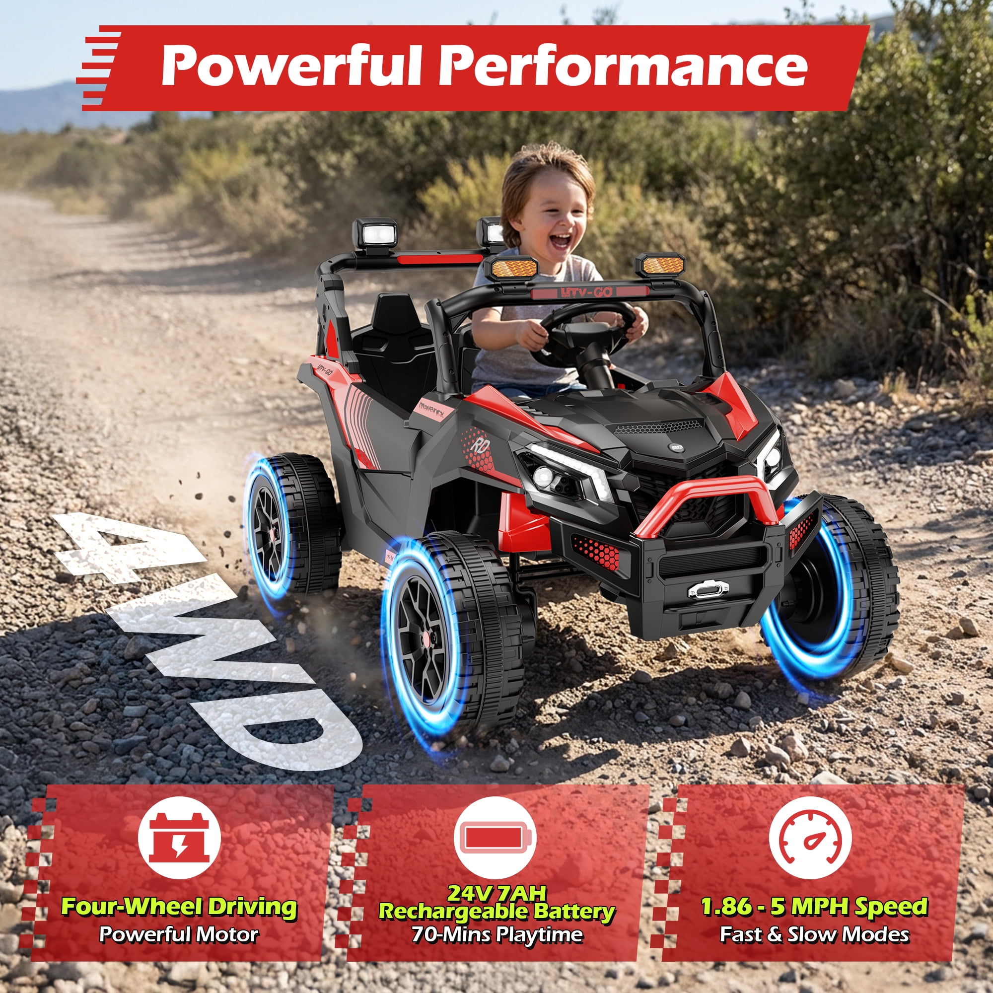 Wisairt 24V Ride on Toys 4WD Ride on Cars with Remote Control, 2 Seater Electric Car for Kids, Power Car Wheels, UTV w/ Four Motors, Music, LED Lights, Wireless Audio, 3 Speeds, Red