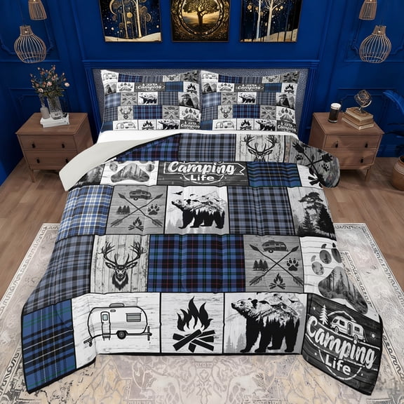 jejeloiu Happy Camping Bedding Comforter Set,Safari Bear Deer Twin Comforter Sets,Blue Gray Check Bedding Set For Kids,Microfiber Bedroom Decor Reversible,2pcs