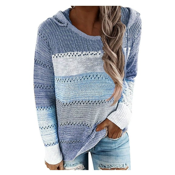 Sweaters for Women Trendy Hooded Knit Long Sleeve Stripe Shirt Pullover Fall Outfits Clothes,Blue,L