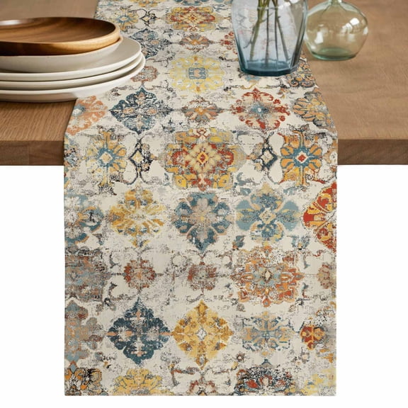 Farmhouse Morocco Short Table Runner 48 Inches Long,Boho Abstract Shabby Texture Art Cotton Linen Table Runners Dresser Scarves,Fabric Tabletop Scarf Furniture Cover for Home Dinner Party 13"x48"