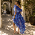 thumbnail image 3 of Women's Blue and Purple Ruffle and Floral Print Organza High-Low Maxi Silhouette Evening Gown with One Shoulder, 3 of 6
