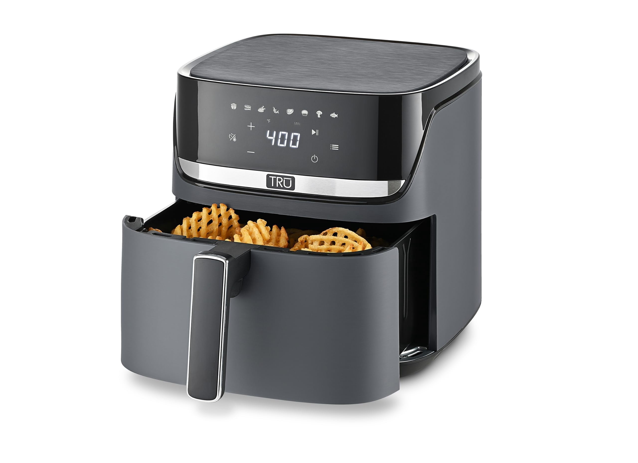 TRU 8-Quart Digital Air Fryer by Select Brands - Family Size, One-Touch Control, 8 Presets - Air Fry Chicken, Meat, Veggies, Fries - Nonstick Pot and Crisping Tray, Auto Shut Off, Matte Gray