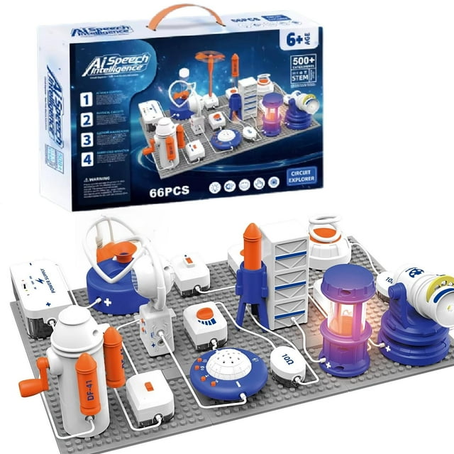 AI Voice-Controlled Smart Circuit Building Blocks Kit for Kids 6+: 66PCS STEM Educational Toy with 500+ Experiments, Modular Electronic Components (Plastic & Electronics), Includes Air Suspension,