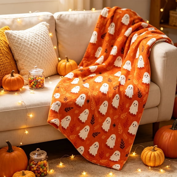 Halloween Blanket 59.1x39.4in Soft Throw Pumpkin Ghost for Sofa Bedroom Decor by OVFUIZ