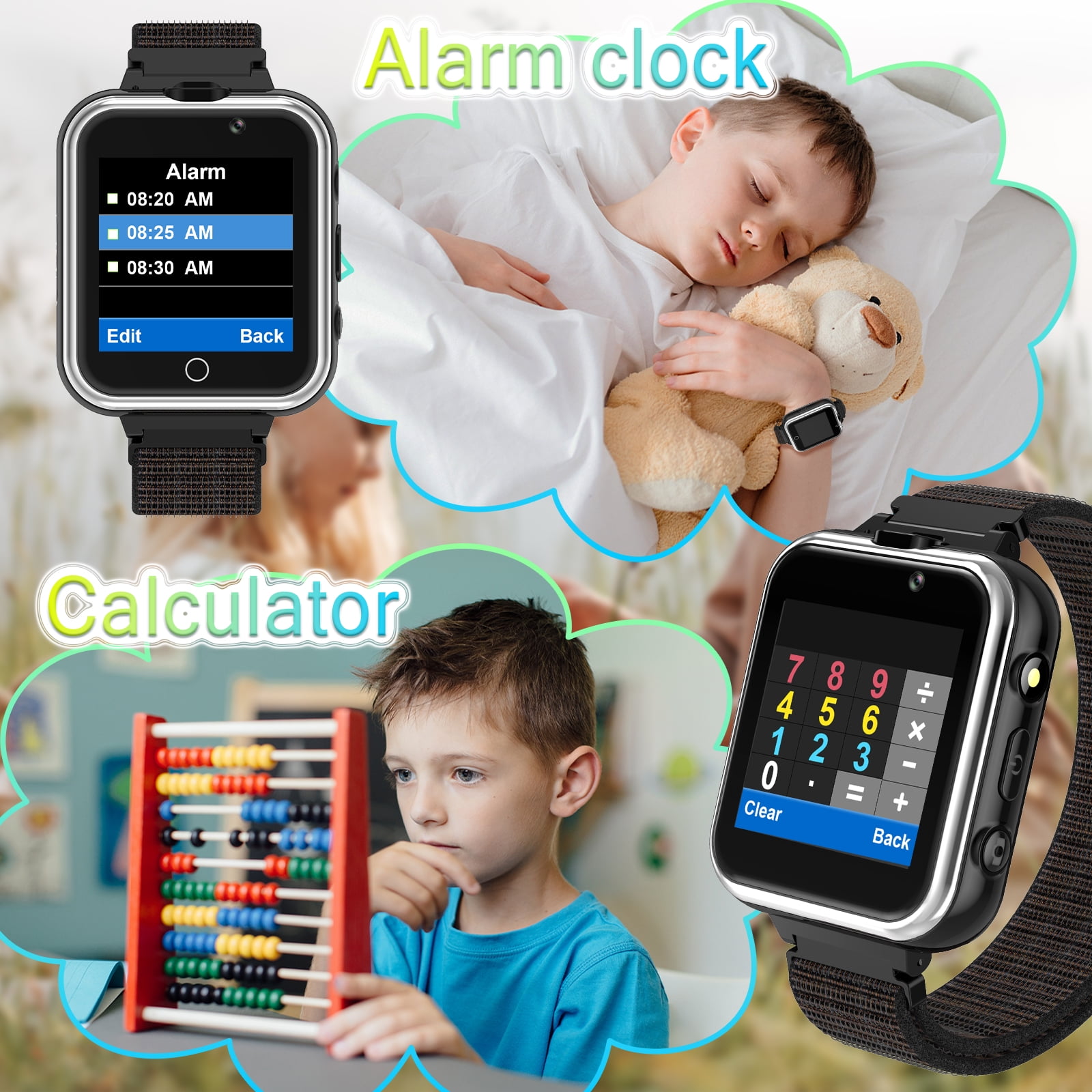 PTHTECHUS Kids Smartwatch Dual Camera Games Pedometer 1.54mm Black Plastic Case with Black Band