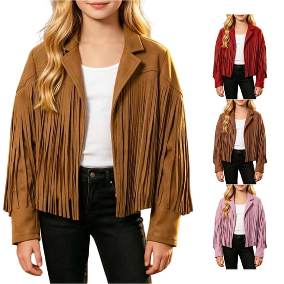 Krdevn Girls Western Cowboy Fringe Jacket, Suede Long Sleeve Lapel Collar Cropped Casual Outerwear Retro Country Style Kids Coat,Khaki