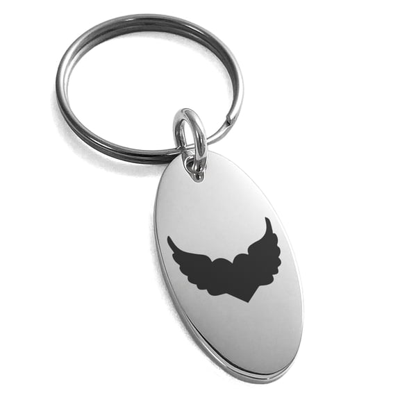Stainless Steel Angel Wings Heart Engraved Small Oval Charm Keychain Keyring
