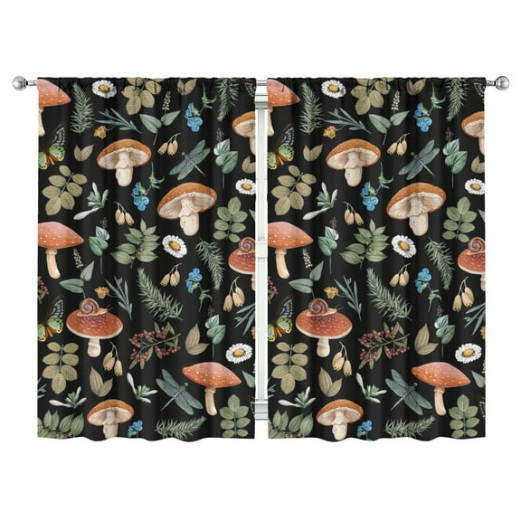 Rustic Mushroom Kitchen Curtains - 2 Pack 52x84 Inch Semi-Sheer Tier Panels, Whimsical Print, Rod Pocket Farmhouse Window Treatment