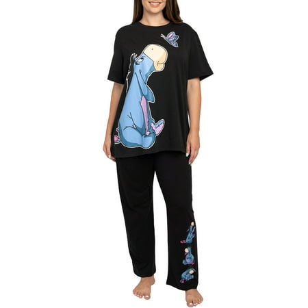 

Women s Plus Size Eeyore Butterfly Black T-Shirt & Pajama Pants Lounge Wear Set