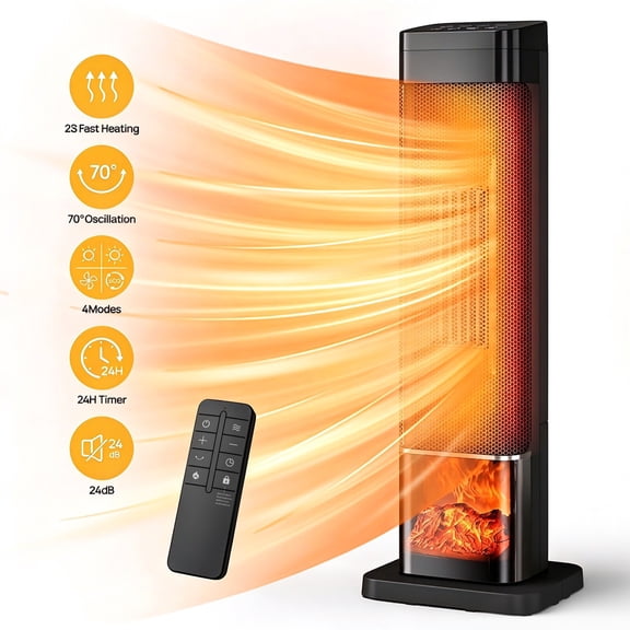 Nepsam 25" 1500W Tower Space Heater, 3-Color 3D Flame, Tower Heater with 70 °Oscillation, 4 Modes & 24H-Timer, for Living Room, Office, Bathroom