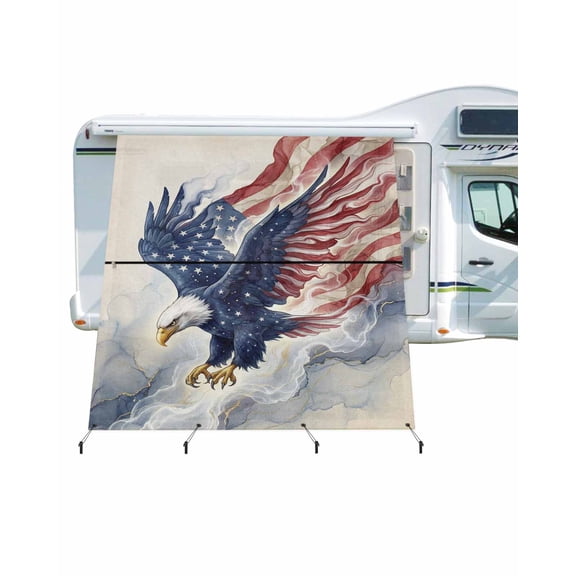 4th of July RV Awning Sun Shade Screen 9'X7' Bald Eagle Mesh Sunscreen Watercolor Patriotic Waving American Flag Awning Shade Screen with Zipper UV Blocker Completed Kits for RV Motorhome Camper