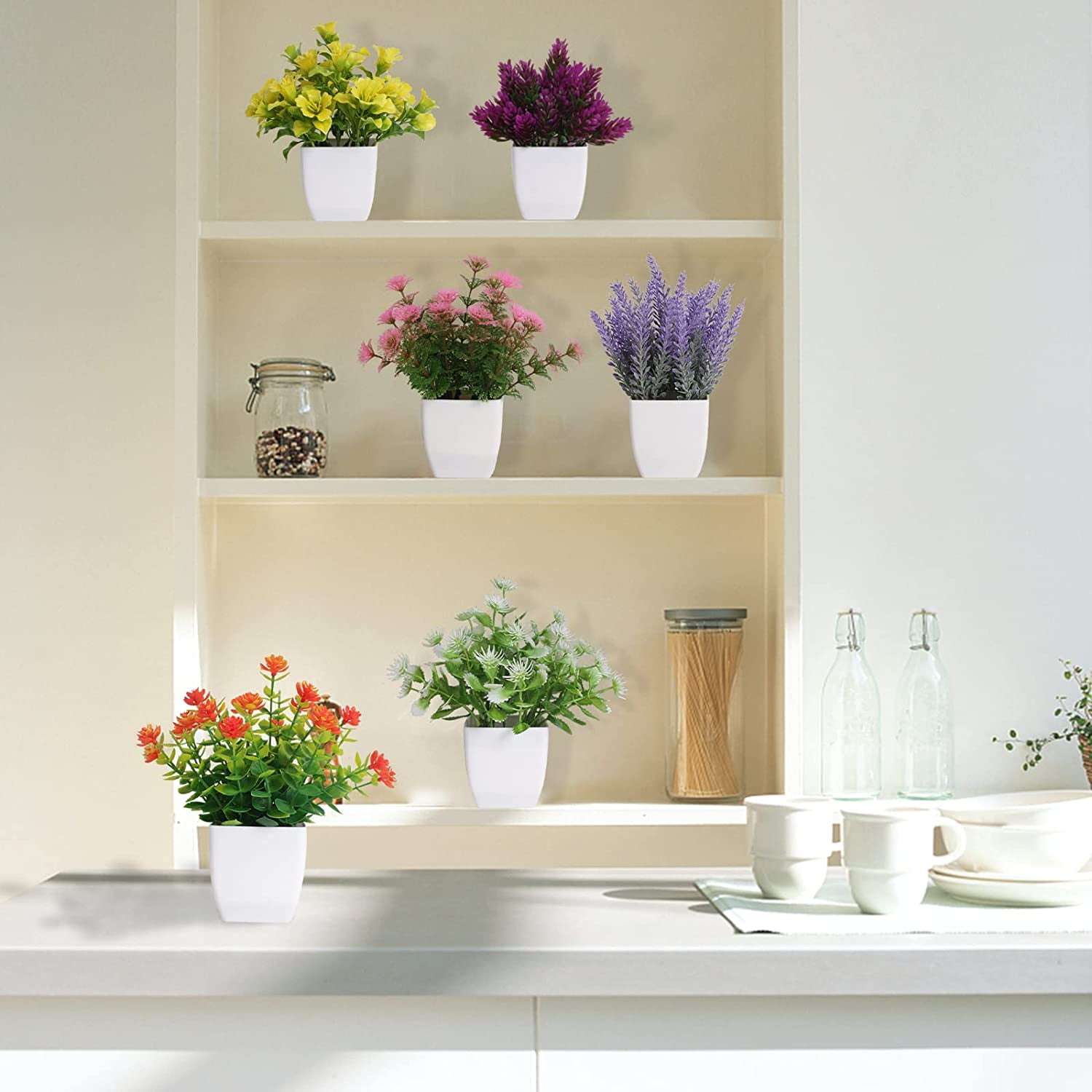 Artificial Small Plant 6pcs Fake Flower Potted Plant Bathroom for Indoor Decor Window Tabletop Office Colorful