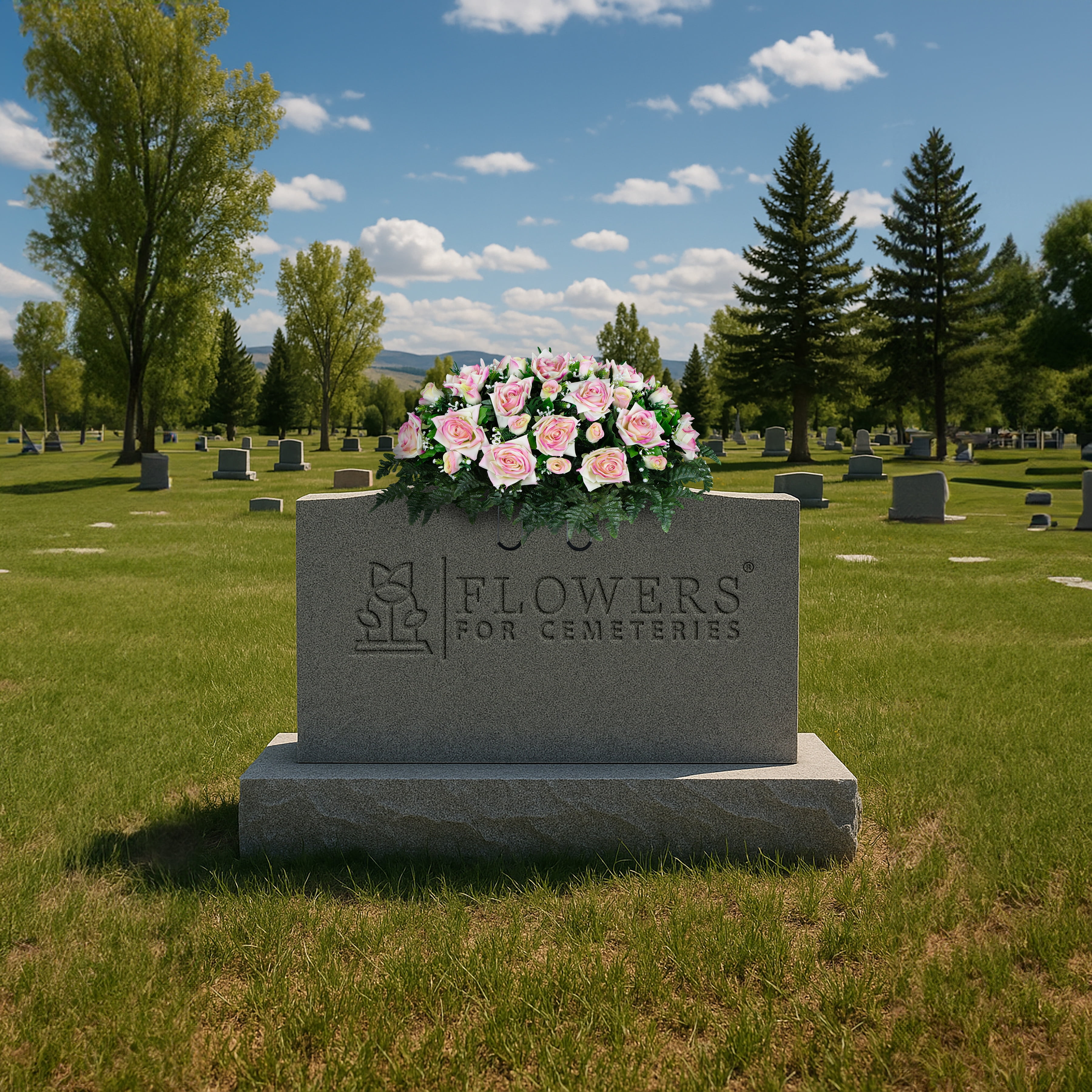 Sympathy Silks Artificial Cemetery Flowers - Cream Pink Open Roses and Rose Buds - Outdoor Saddle for Headstone