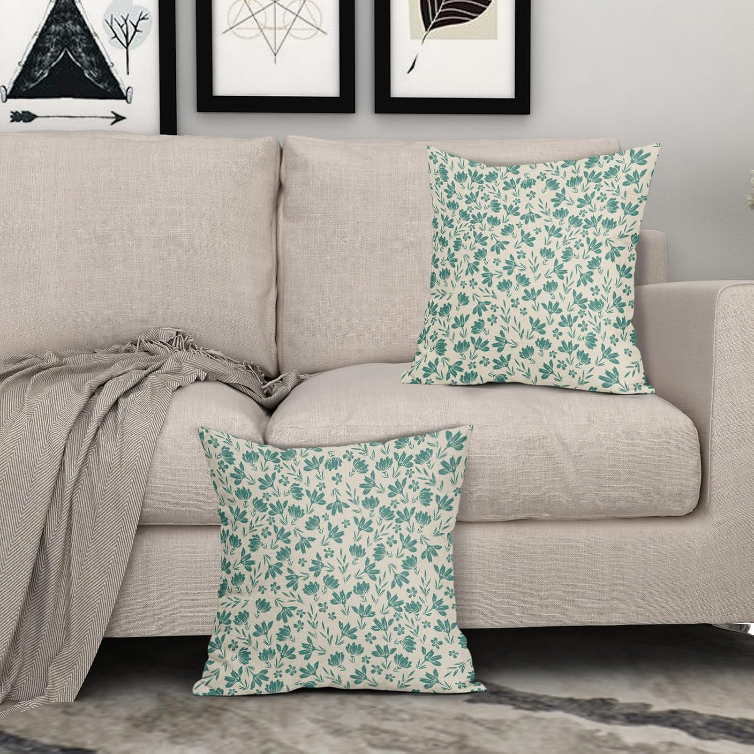 Aqua Floral Pillow Covers 18x18 Set of 2 Vintage Rustic Old Style Cute Small Flower Teal Cream Print Decorative Outdoor Pillowcases Farmhouse Throw Cushion Case Decor for Couch Sofa Bed