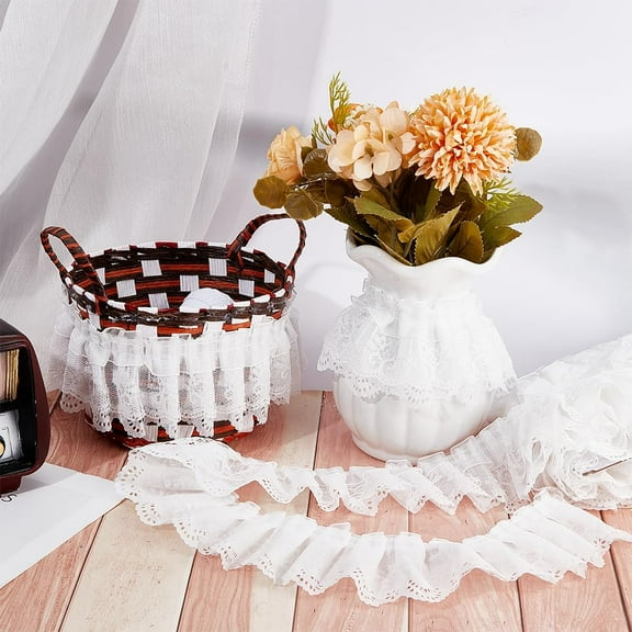 10 Yards 3 Layer Pleated Organza Lace Trim 65mm Wide Gathered Voile Mesh Chiffon Ribbon Tulle Fabric Ruffles Edge Lace Trimmings Embroidered for Sewing Craft Dress Party Decor DIY White White