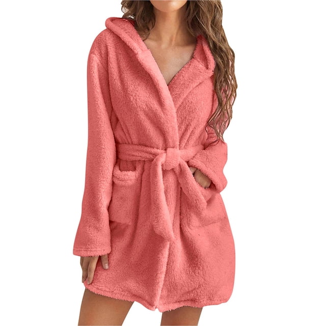 VISgogo Mujer Otoño Invierno Camisón De Felpa Color Sólido Manga Larga Con Capucha Ropa De Dormir Con Cinturón VISgogo moda