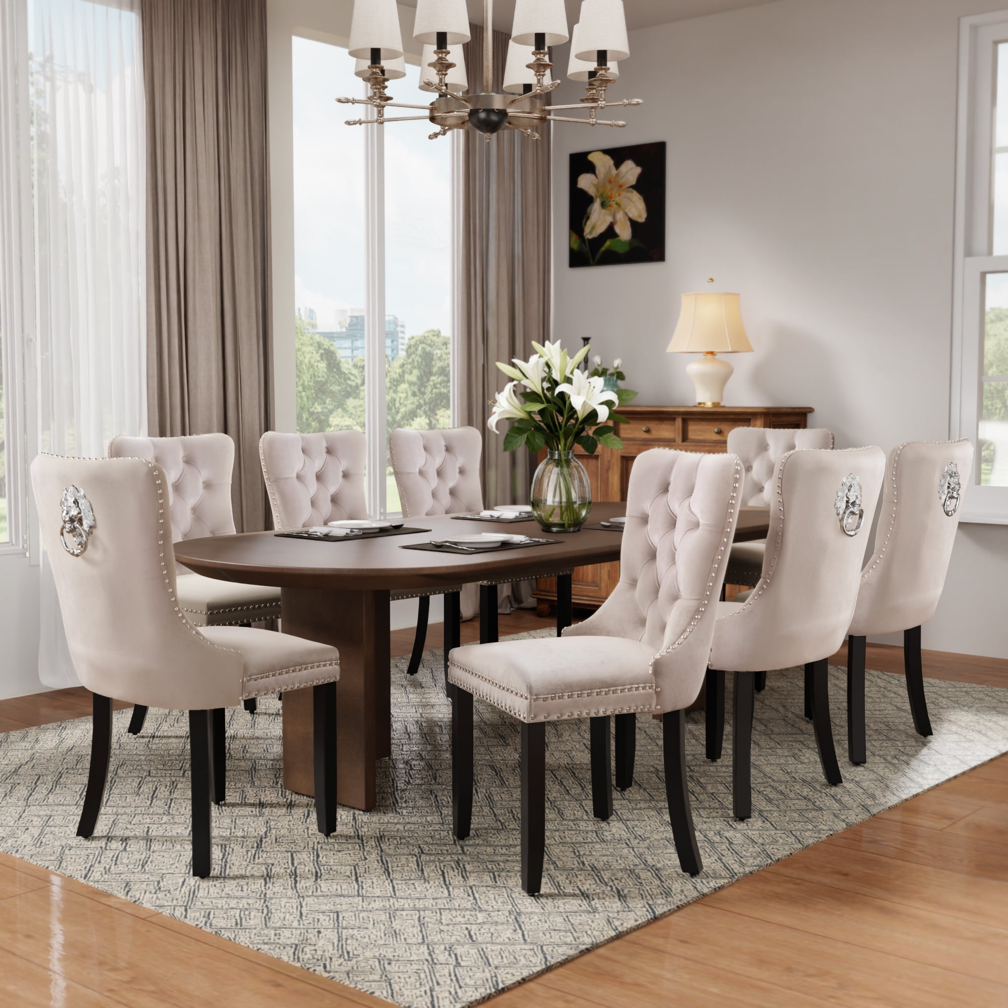 DONICK Velvet Upholstered Dining Chair Set of 2,Modern Tufted Kitchen Chairs Nailhead Lion Pull Ring Black Wood Legs(Beige)