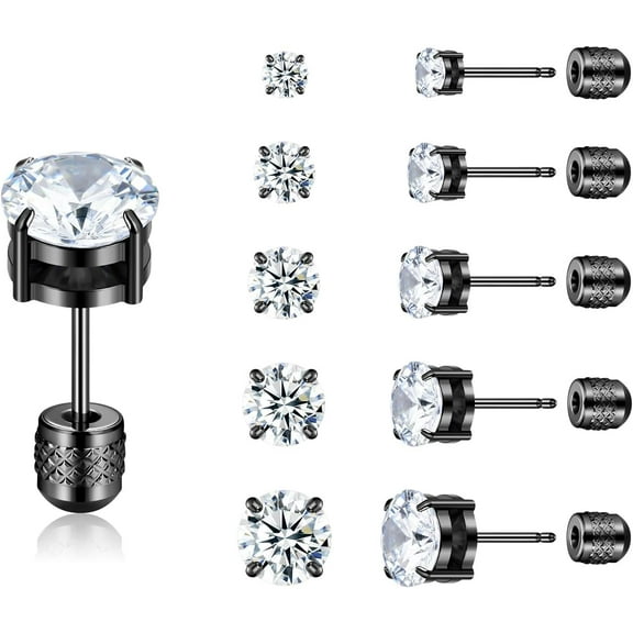 5 Pairs Flat Back Stud Earrings Set, Hypoallergenic Cubic Zirconia F136 Stainless Steel Jewelry For Women Man CZ Size 3-7mm