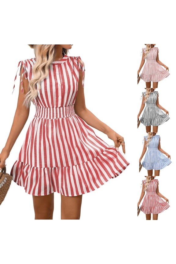 Womens Dresses Striped Print Vacation Long Summer Dress 2026 Loose Fit Breathable Sundresses for Women Hawaiian Accessories for Women for Pool and Beach Party Red XL