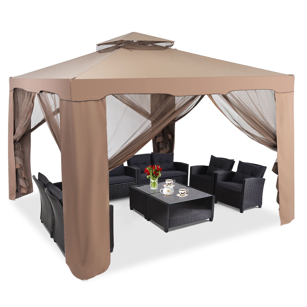 Costway 2-tier 10’x 10’ Canopy Gazebo Tent Outdoor Netting Picnic Party Sun Shade