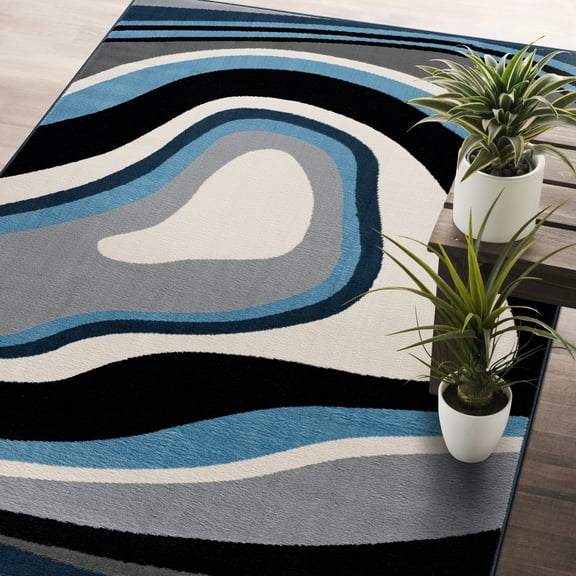 CAMILSON Crystal Blue Area Rug 5'3" x 7' Geometric for Living Room, Bedroom, Dining Room Blue / Cream Indoor Area Rugs