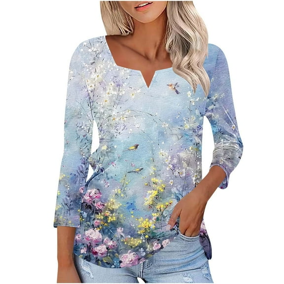 BLTIBY Womens Long Sleeve Top Printed V Neck Loose Casual Shirts Comfortable Fashion Pullover Blouse Multicolor 5 L