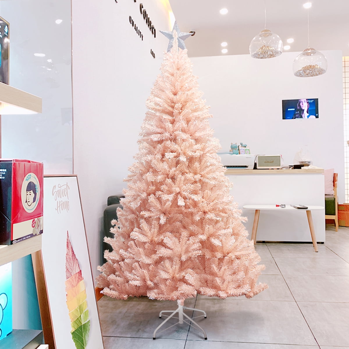 Gymax 6ft Pink Classic Pine Christmas Tree Artificial Hinged Tips (Pink)
