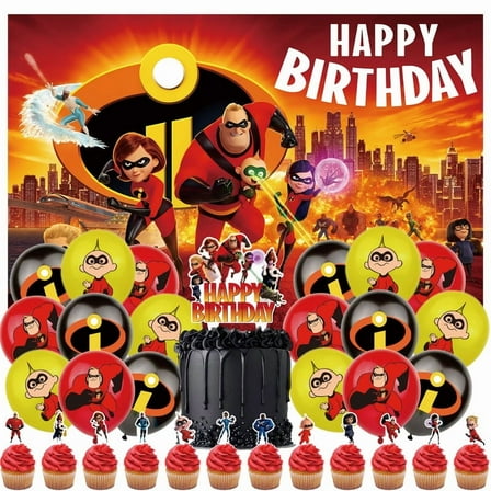 32 Pcs For The Incredibles Theme Birthday Party Supplies Party Favor Set,With 13 Cupcake Toppers,18 Balloons,5*3ft Birthday Backdrop Decorations, All-in-One Party Supply Set