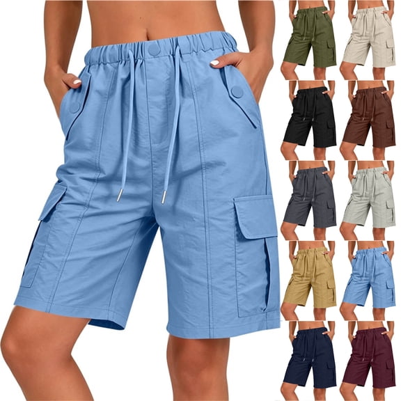Bloomae Bermuda Shorts for Women Knee Length Casual Wide Leg Drawstring Elasitc High Waist Hiking Work Summer Cargo Shorts with Multi-Pockets