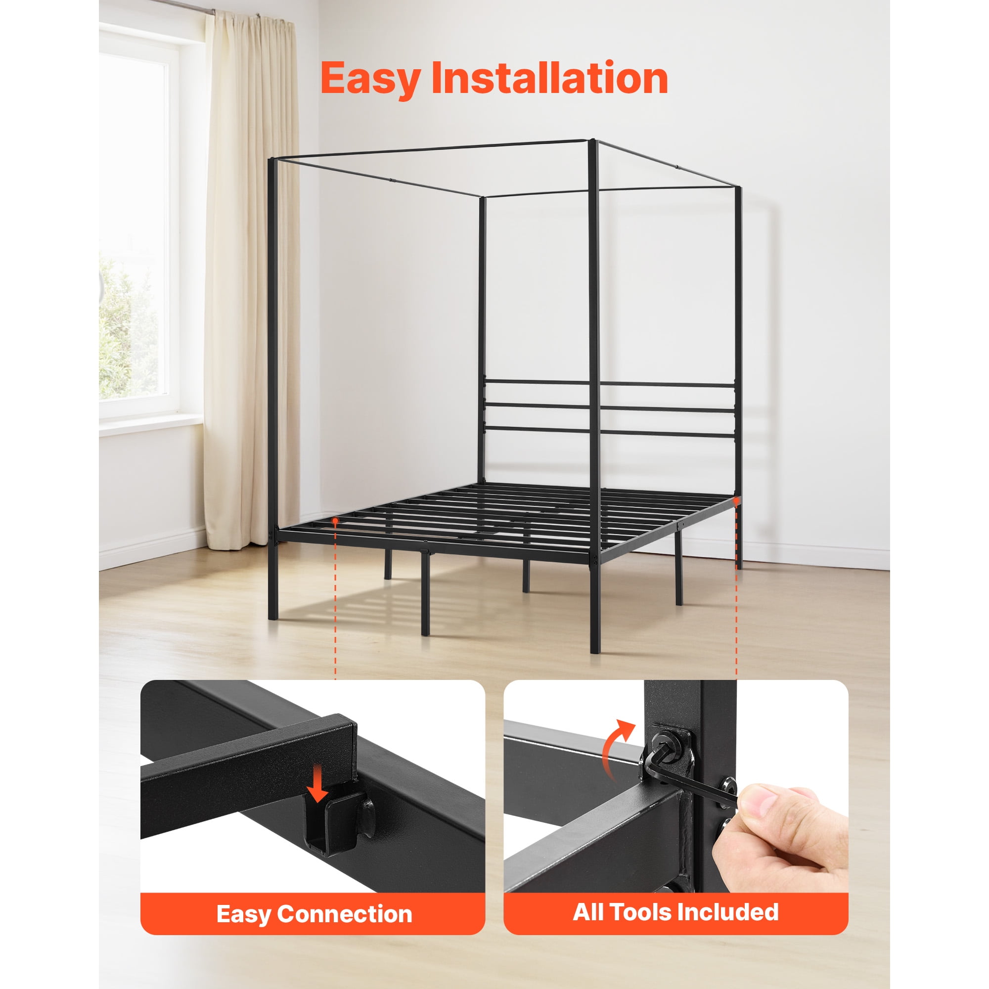 KFFKFF Full-Size Canopy Bed Frame for Bedroom, Durable Steel Bed Frame,  No Box Spring Required, Underbed Storage, Simple Assembly, Black