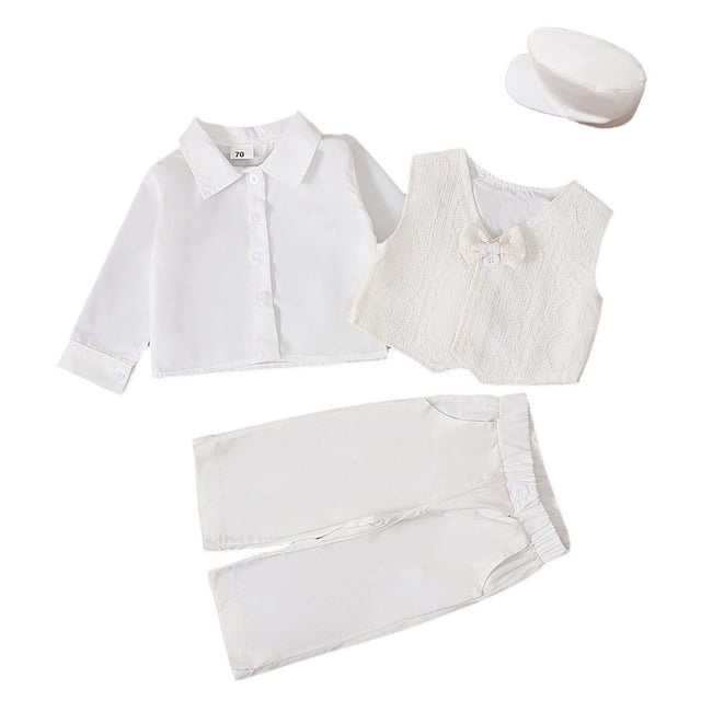 Odeerbi 0-1 Años Niños Caballero Traje de Etiqueta Estilo Británico Camisa de Vestir + Chaleco + Pantalones de Traje + Sombrero Conjunto de Cuatro Piezas